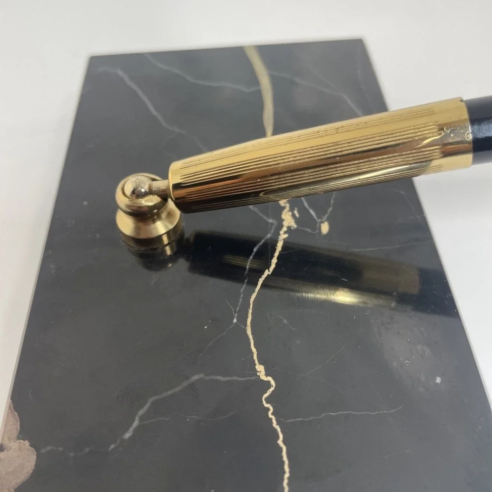 Vintage Marble Pen Holder‎ with Black Pen Gold Accents Desk Accessory